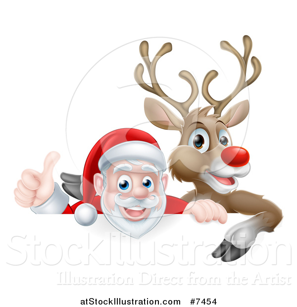 Vector Illustration of a Cartoon Christmas Red Nosed Reindeer and Santa Giving a Thumb up Above a Sign