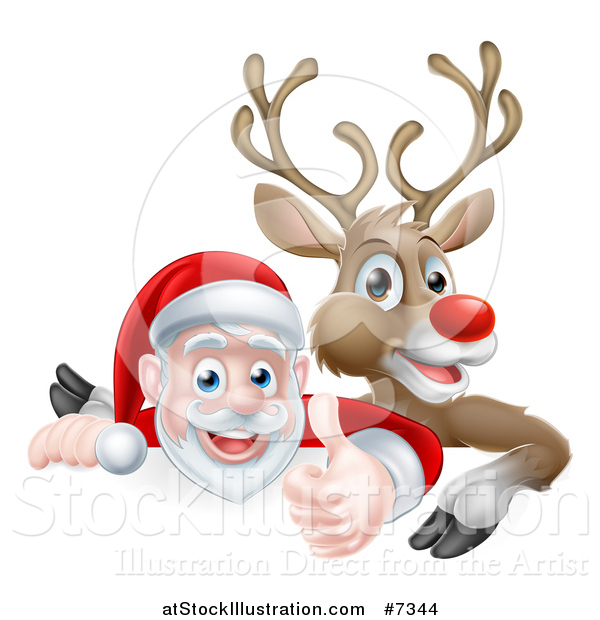 Vector Illustration of a Cartoon Christmas Red Nosed Reindeer and Santa Giving a Thumb up over a Sign