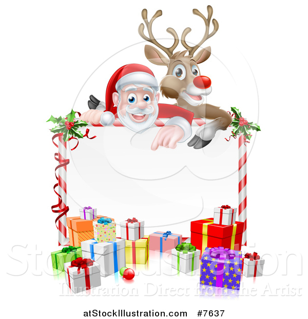 Vector Illustration of a Cartoon Christmas Red Nosed Reindeer and Santa over a Blank White Sign and Gifts