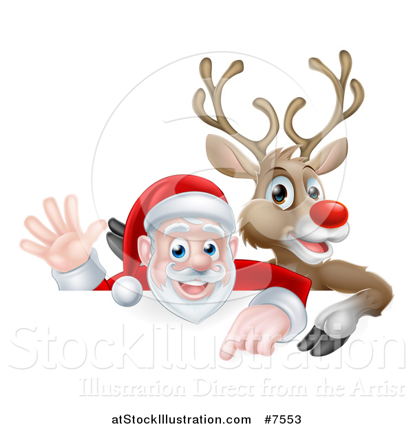 Vector Illustration of a Cartoon Christmas Rudolph the Red Nosed Reindeer and Waving Santa over a Sign