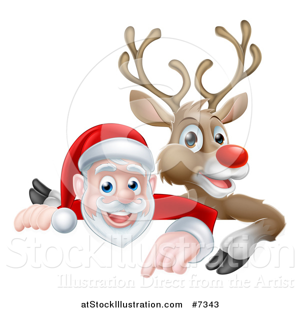 Vector Illustration of a Cartoon Christmas Santa Claus and Red Nosed Reindeer Pointing down over a Sign