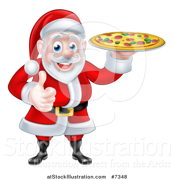 Vector Illustration of a Cartoon Christmas Santa Claus Giving a Thumb up and Holding a Pizza