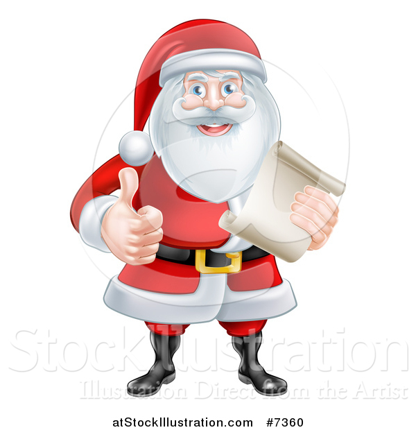 Vector Illustration of a Cartoon Christmas Santa Claus Giving a Thumb up and Holding a Scroll List