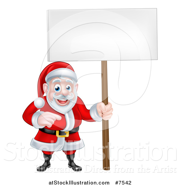 Vector Illustration of a Cartoon Christmas Santa Claus Pointing and Holding a Blank Sign