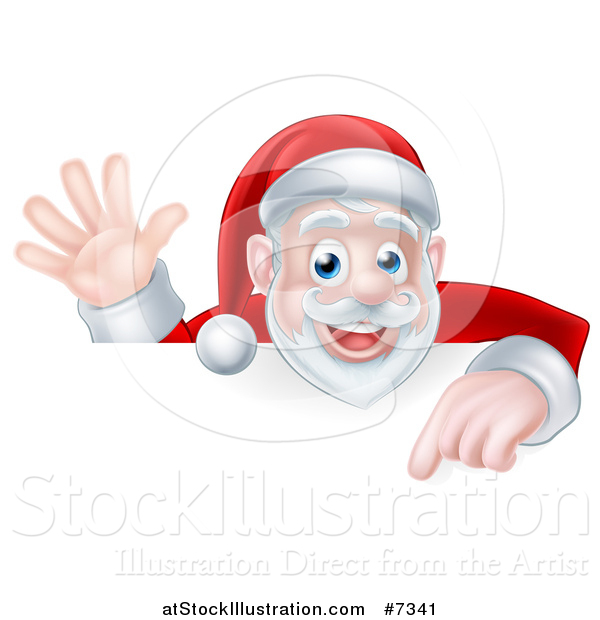 Vector Illustration of a Cartoon Christmas Santa Claus Waving and Pointing down over a Sign