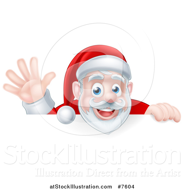 Vector Illustration of a Cartoon Christmas Santa Claus Waving over a Sign