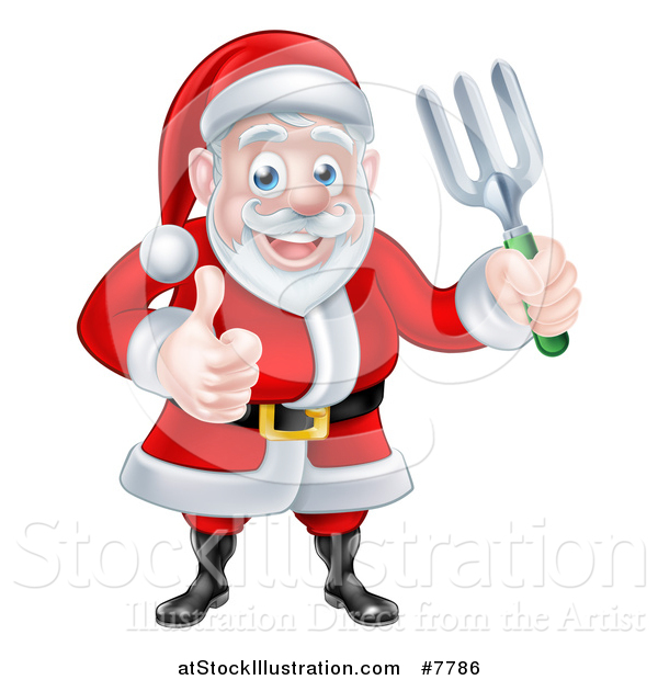 Vector Illustration of a Cartoon Christmas Santa Holding a Garden Fork and Giving a Thumb up