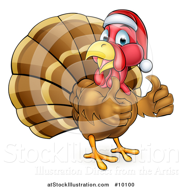 Vector Illustration of a Cartoon Christmas Turkey Bird Wearing a Santa Hat and Giving Two Thumbs up