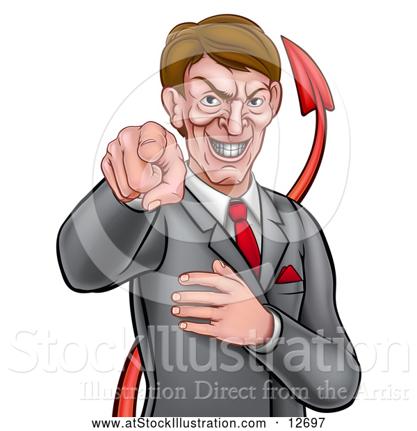 Vector Illustration of a Cartoon Corrupt White Devil Business Man Pointing Outwards, from the Waist up