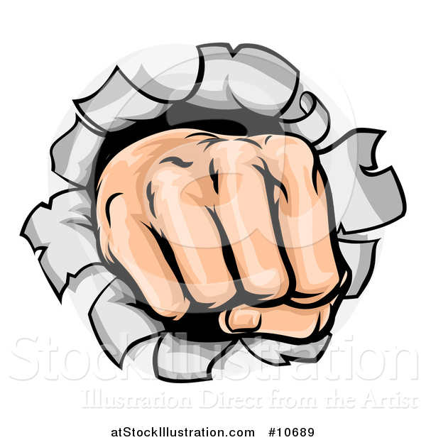 Vector Illustration of a Cartoon Fisted Hand Punching a Hole Through a Wall