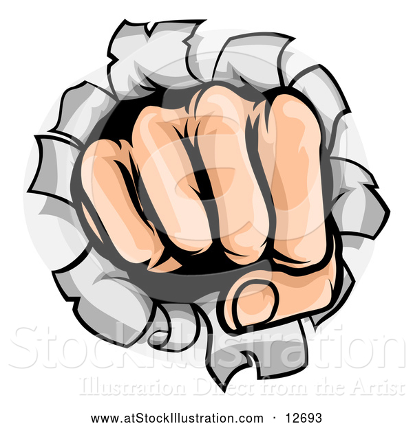 Vector Illustration of a Cartoon Fisted Hand Punching a Hole Through a Wall