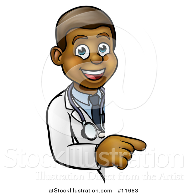 Vector Illustration of a Cartoon Friendly Black Male Doctor Pointing Around a Sign