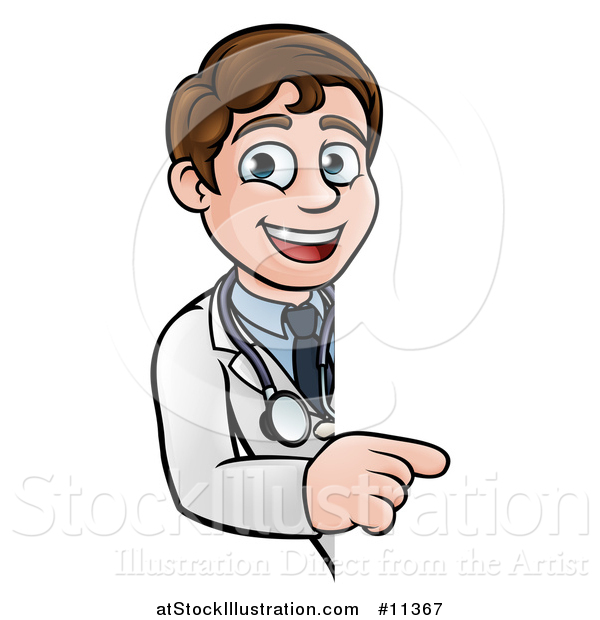 Vector Illustration of a Cartoon Friendly Brunette White Male Doctor Pointing Around a Sign