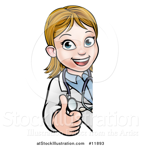 Vector Illustration of a Cartoon Friendly White Female Doctor Giving a Thumb up Around a Sign