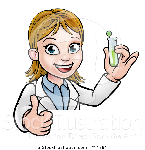 Vector Illustration of a Cartoon Friendly White Female Scientist Holding a Test Tube and Giving a Thumb up over a Sign