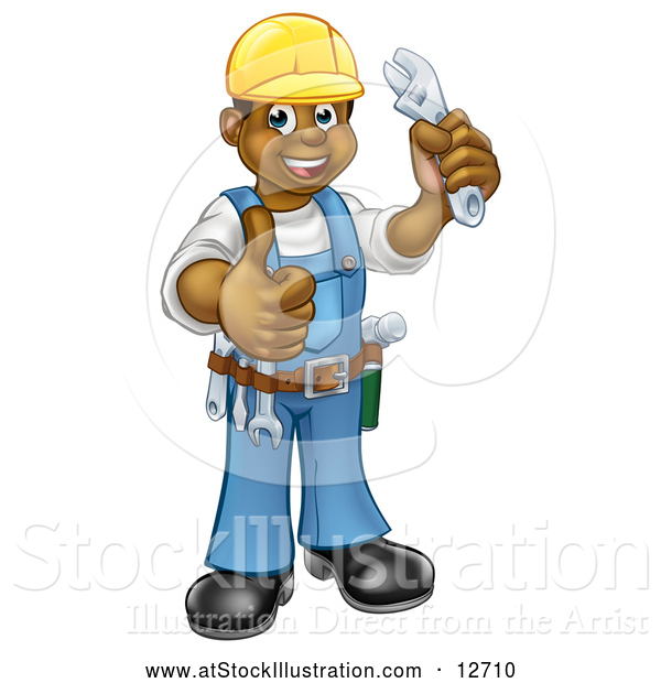 Vector Illustration of a Cartoon Full Length Black Male Plumber Holding an Adjustable Wrench and Giving a Thumb up