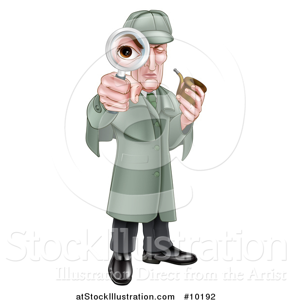 Vector Illustration of a Cartoon Full Length Cartoon Caucasian Male Detective, like Sherlock Homes, Looking Through a Magnifying Glass and Holding a Pipe
