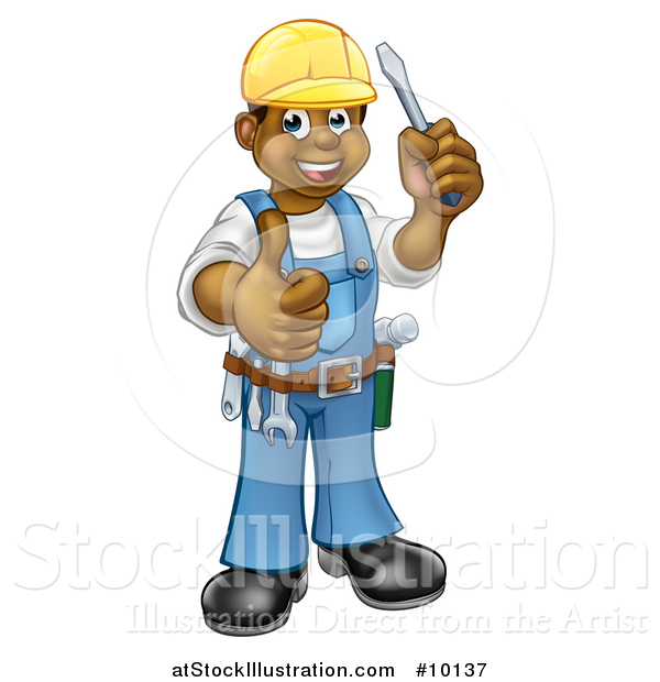Vector Illustration of a Cartoon Full Length Happy Black Male Electrician Holding a Screwdriver and Giving a Thumb up