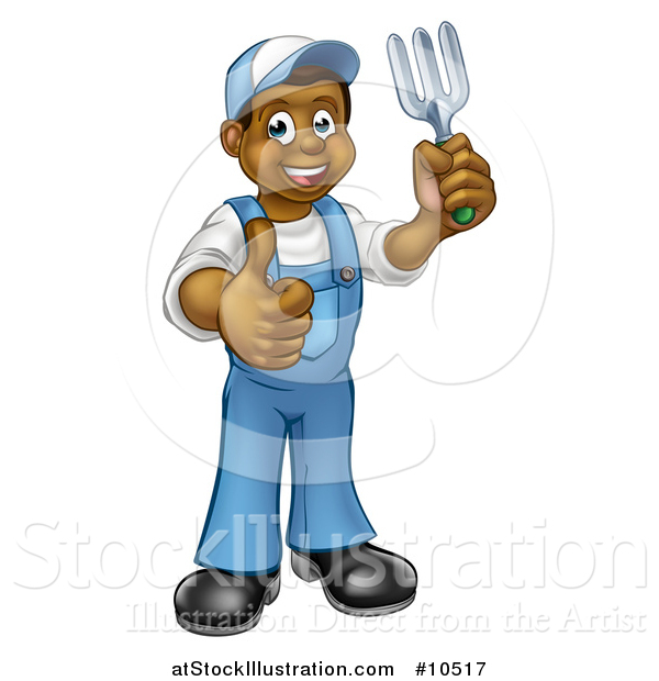 Vector Illustration of a Cartoon Full Length Happy Black Male Gardener in Blue, Holding a Garden Fork and Giving a Thumb up