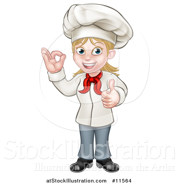 Vector Illustration of a Cartoon Full Length Happy White Female Chef Gesturing Ok and Giving a Thumb up