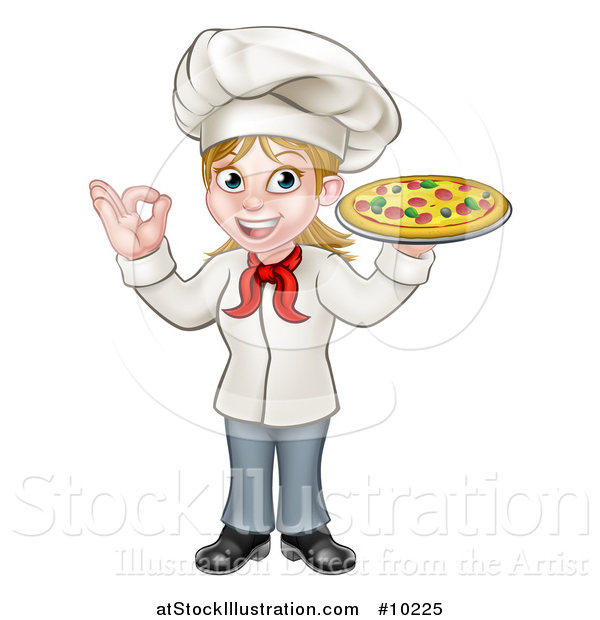 Vector Illustration of a Cartoon Full Length Happy White Female Chef Gesturing Perfect and Holding a Pizza