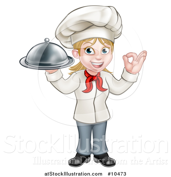 Vector Illustration of a Cartoon Full Length Happy White Female Chef Holding a Cloche Platter and Gesturing Ok