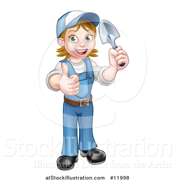 Vector Illustration of a Cartoon Full Length Happy White Female Gardener in Blue, Holding a Garden Trowel and Giving a Thumb up