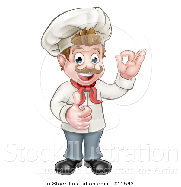 Vector Illustration of a Cartoon Full Length Happy White Male Chef Gesturing Ok and Giving a Thumb up