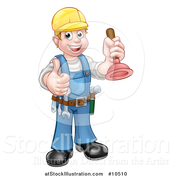 Vector Illustration of a Cartoon Full Length Happy White Male Plumber Holding a Plunger and Giving a Thumb up