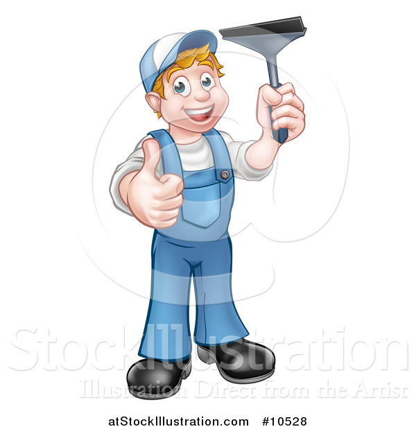Vector Illustration of a Cartoon Full Length Happy White Male Window Cleaner Giving a Thumb up and Holding a Squeegee