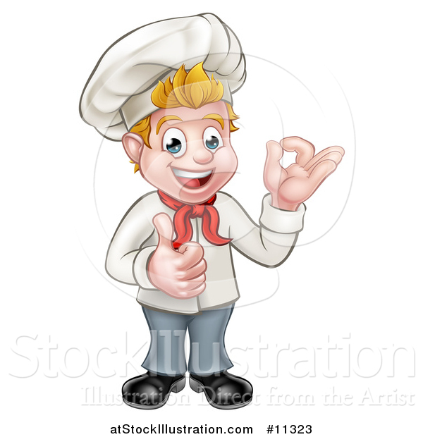 Vector Illustration of a Cartoon Full Length Happy Young White Male Chef Gesturing Ok and Giving a Thumb up