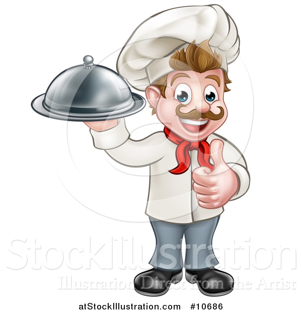 Vector Illustration of a Cartoon Full Length Happy Young White Male Chef Holding a Cloche Platter and Giving a Thumb up