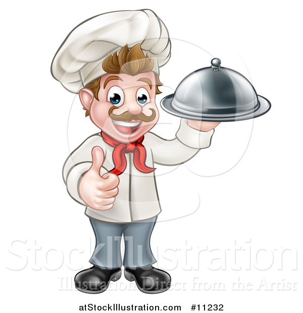 Vector Illustration of a Cartoon Full Length Happy Young White Male Chef Holding a Cloche Platter and Giving a Thumb up