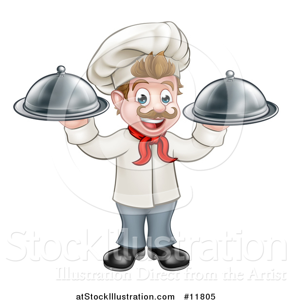 Vector Illustration of a Cartoon Full Length Happy Young White Male Chef Holding Cloche Platters