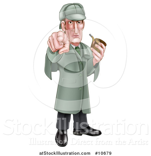 Vector Illustration of a Cartoon Full Length Sherlock Holmes Victorian Detective Holding a Pipe and Pointing Outwards