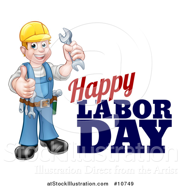 Vector Illustration of a Cartoon Full Length White Male Mechanic Wearing a Hard Hat, Holding a Spanner Wrench and Giving a Thumb up by Happy Labor Day Text