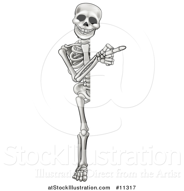 Vector Illustration of a Cartoon Grayscale Human Skeleton Pointing Around a Sign