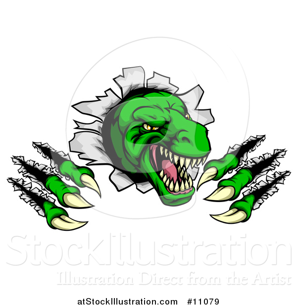 Vector Illustration of a Cartoon Green Tyrannosaurus Rex Dinosaur Slashing Through a Barrier