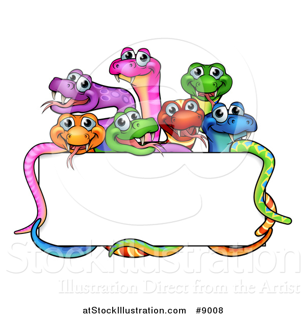 Vector Illustration of a Cartoon Group of Colorful Happy Snakes Around a Blank Sign