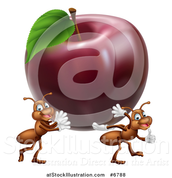 Vector Illustration of a Cartoon Happy Ants Carrying a Big Red Apple