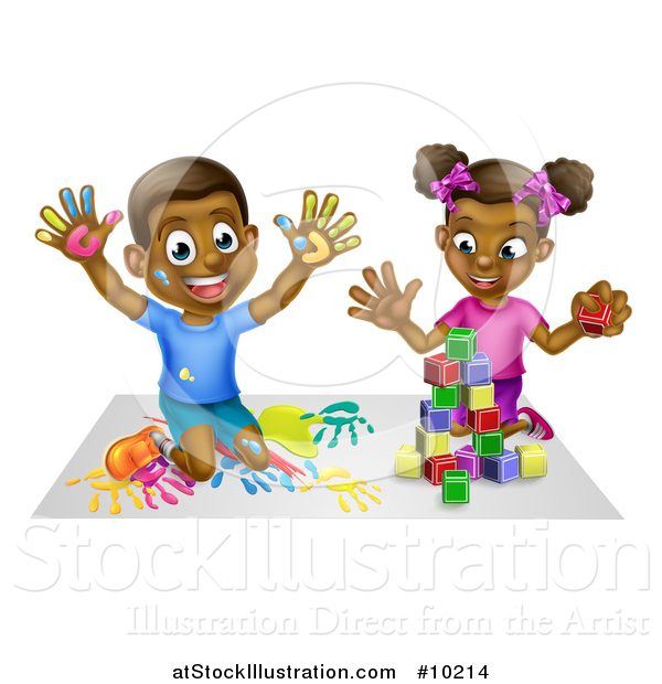 Vector Illustration of a Cartoon Happy Black Boy and Girl Kneeling and Finger Painting and Playing with Blocks