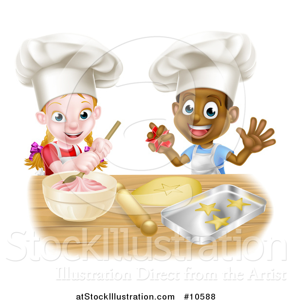 Vector Illustration of a Cartoon Happy Black Boy and White Girl Baking Star Shaped Cookies