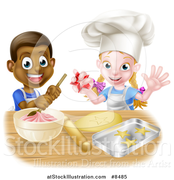 Vector Illustration of a Cartoon Happy Black Boy and White Girl Making Frosting and Star Shaped Cookies