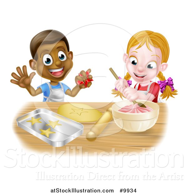 Vector Illustration of a Cartoon Happy Black Boy and White Girl Making Frosting and Star Shaped Cookies