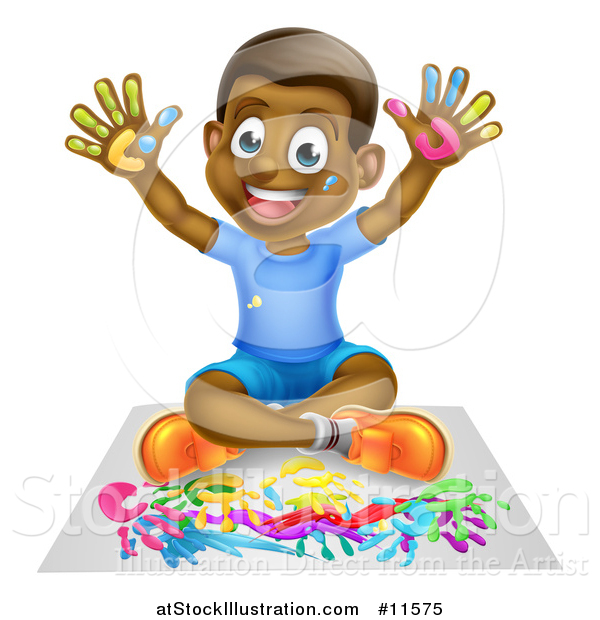 Vector Illustration of a Cartoon Happy Black Boy Kneeling and Painting Artwork with His Hands