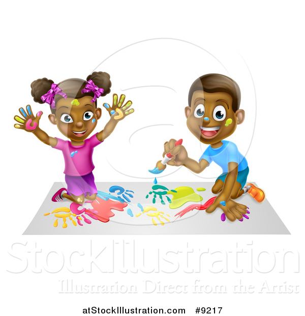 Vector Illustration of a Cartoon Happy Black Girl and Boy Kneeling and Painting Artwork