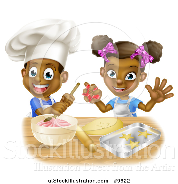 Vector Illustration of a Cartoon Happy Black Girl and Boy Making Frosting and Making Star Cookies