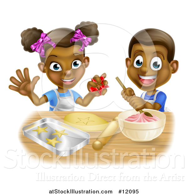 Vector Illustration of a Cartoon Happy Black Girl and Boy Making Frosting and Star Cookies