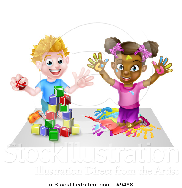 Vector Illustration of a Cartoon Happy Black Girl Kneeling and Painting Artwork and White Boy Playing with Toy Blocks