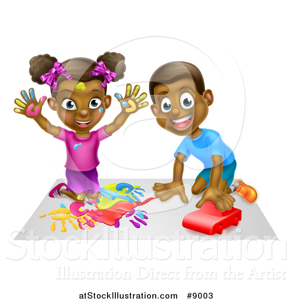 Vector Illustration of a Cartoon Happy Black Girl Painting with Her Hands and Boy Playing with a Toy Car